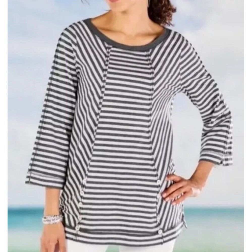 Soft Surroundings Shirt Womens Medium Gray White Stripe Lilo Tunic